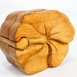 Puzzle Box - Hand Carved Wood Hibiscus Flower Secret Stash, Unique Decorative Storage, Hidden Compartment Gift Idea