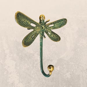 Dragonfly Wall Coat Hook Handmade Verdigris Green solid cast Bronze Metal Handmade Balinese Art
