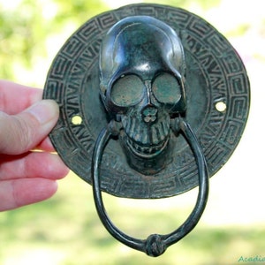 Skull Door Knocker - Vintage Gothic Handle in Verdigris Cast Bronze - Unique Art Home Decor