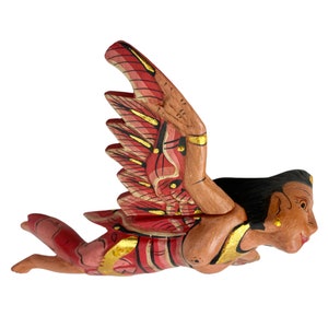 Flying Winged Dewi Sri Goddess Mobile Spiritchaser Crib Angel Balinese Folk art Carved Wood Bali art red 8&quot;