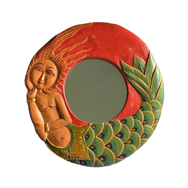 Balinese Folkloric Mermaid Goddess wall Mirror Carved Wood Carving Bali Folk art