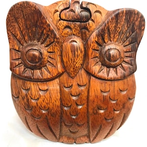 Horned Owl Box Secret Puzzle Stash box jewerly gift box Hand Carved Wood