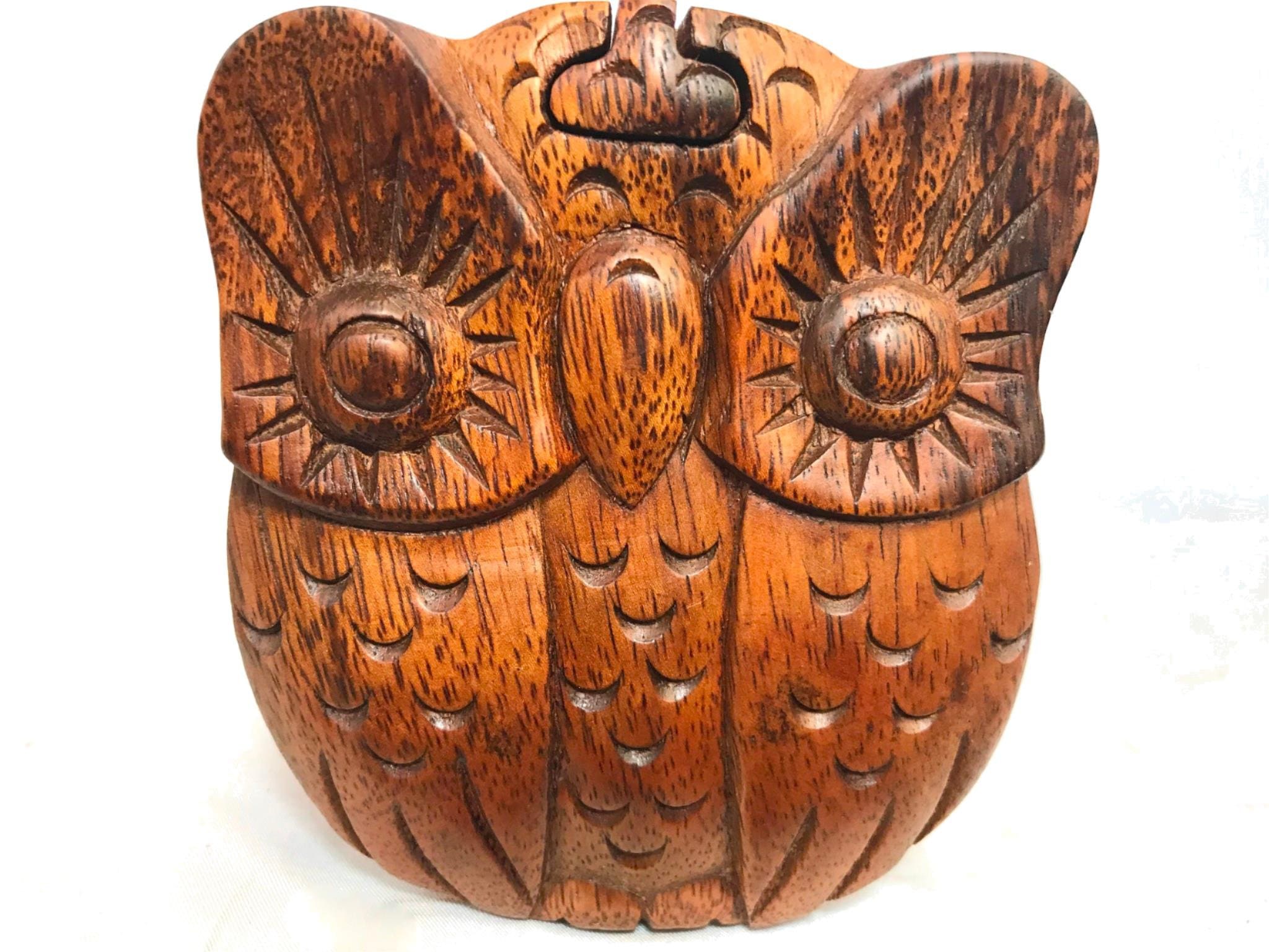Horned Owl Box Secret Puzzle Stash box jewerly gift box Hand Carved Wood