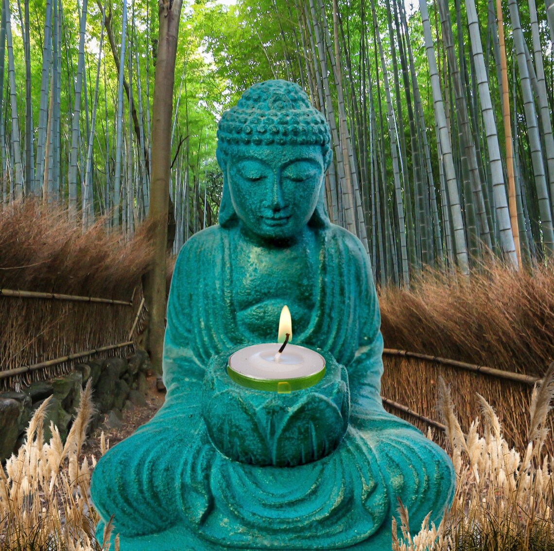 Lotus Pose Buddha Garden Statue Candle Holder Cast Lava Stone Etsy