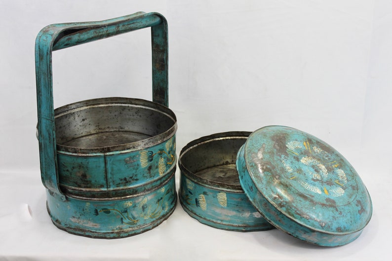 Vintage Tiffin Lunch box lunchbox metal Blue hand painted 3 tiers Indonesian picnic set