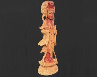 Hand Carved Guanyin Goddess of Mercy Statue: Suar Wood Bodhisattva of Compassion Sculpture