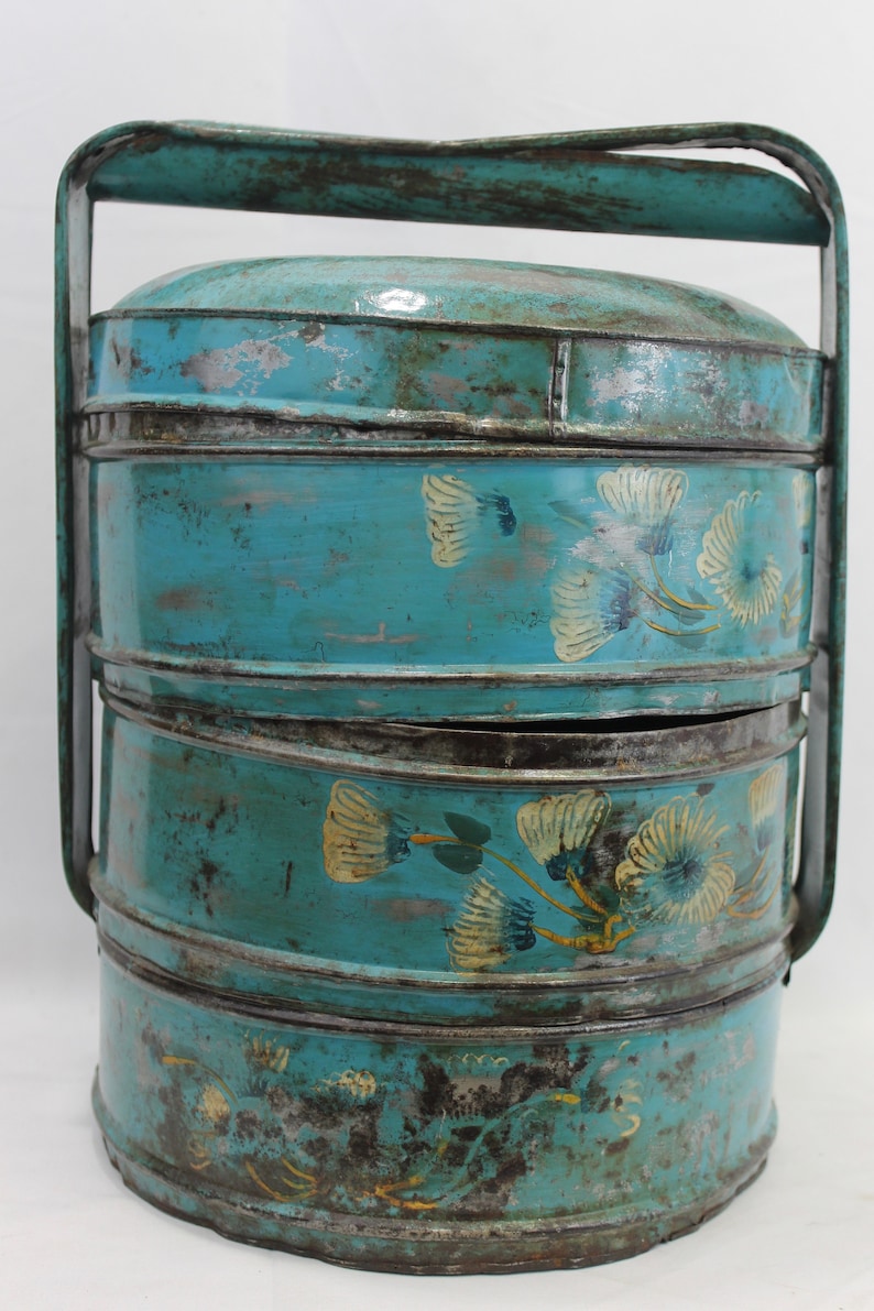 Vintage Tiffin Lunch box lunchbox metal Blue hand painted 3 tiers Indonesian picnic set