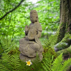 Seated Kwan Yin Guanyin Garden Statue Bodhisattva of Compassion Buddha Goddess Cast Handmade Lava stone Eclectic Asian  Decor sculpture