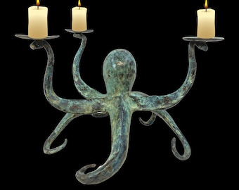 Bronze Octopus Candelabra: Verdigris Lost Wax Cast Metal Nautical Candle Holder,