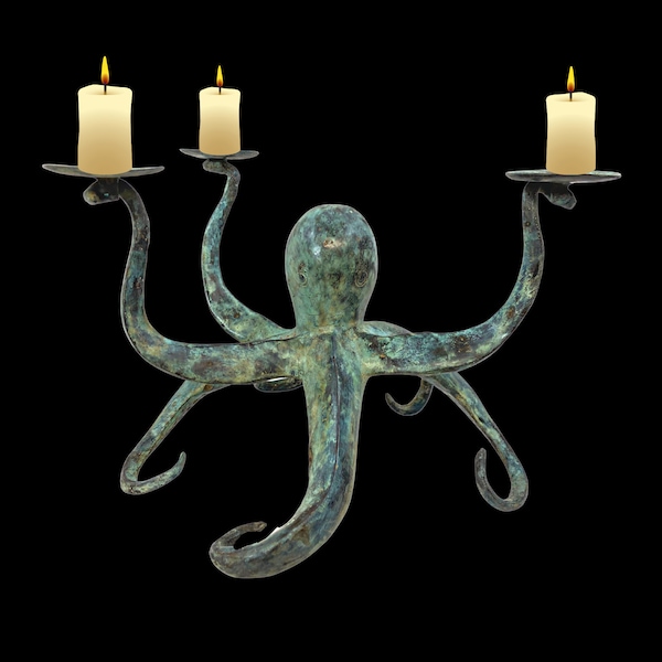 Octopus candelabra  candlestick Cephalopod Sealife Statue Candle Holder nautical tabletop decor Verdigris genuine Bronze art