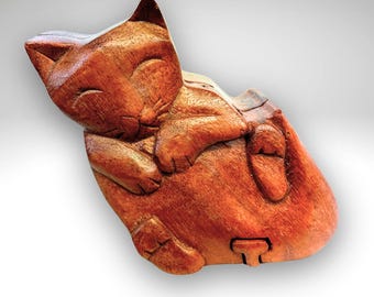 猫の小物入れ 木製パズル スライド式蓋 手作りジュエリーボックス