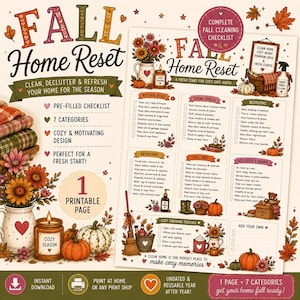 Könnte beinhalten: Eine druckbare Checkliste für den Herbst-Hausputz mit sieben Kategorien zum Aufräumen und Reinigen. Das Dokument enthält Illustrationen von Kürbissen, Herbstblumen, Kerzen und einem Besen sowie Text mit Aufgaben für Küche, Wohnbereich, Schlafzimmer, Bad und allgemeine Herbstvorbereitungen.
