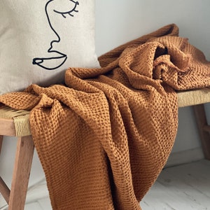 Linen Waffle Blanket, Terracota Linen Blanket, Burnt Orange Blanket, Linen Blanket, Sofa Throw Blanket, Sofa Cover, Winter Linen Bedding