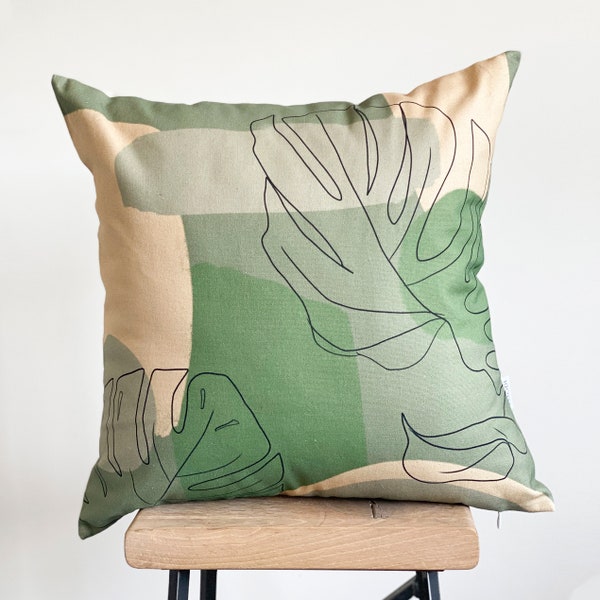 Tropical Green Cushion Cover, Palm Print Pillow Case, Organic Cotton, Green Leaves Cushion Cover, Nordic Throw Pillow, Cushion Covers UK