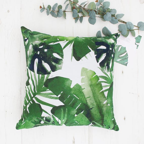 Palm Leaf Cushion With Green Leaves Tropical Print Throw Etsy