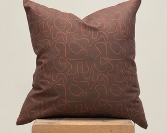 Brown red cushion cover with unique design printed on organic cotton 18x18" Made in UK, Limited edition