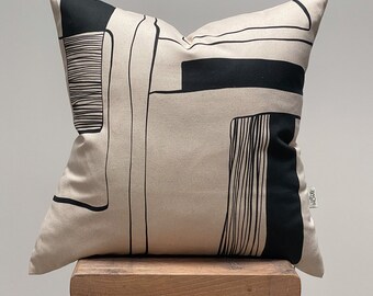 Unique Black and cream printed cushion cover made from organic cotton 18x18" Made in UK, Limited edition