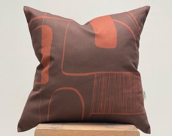 Brown red cushion cover with unique design printed on organic cotton 18x18" Made in UK, Limited edition