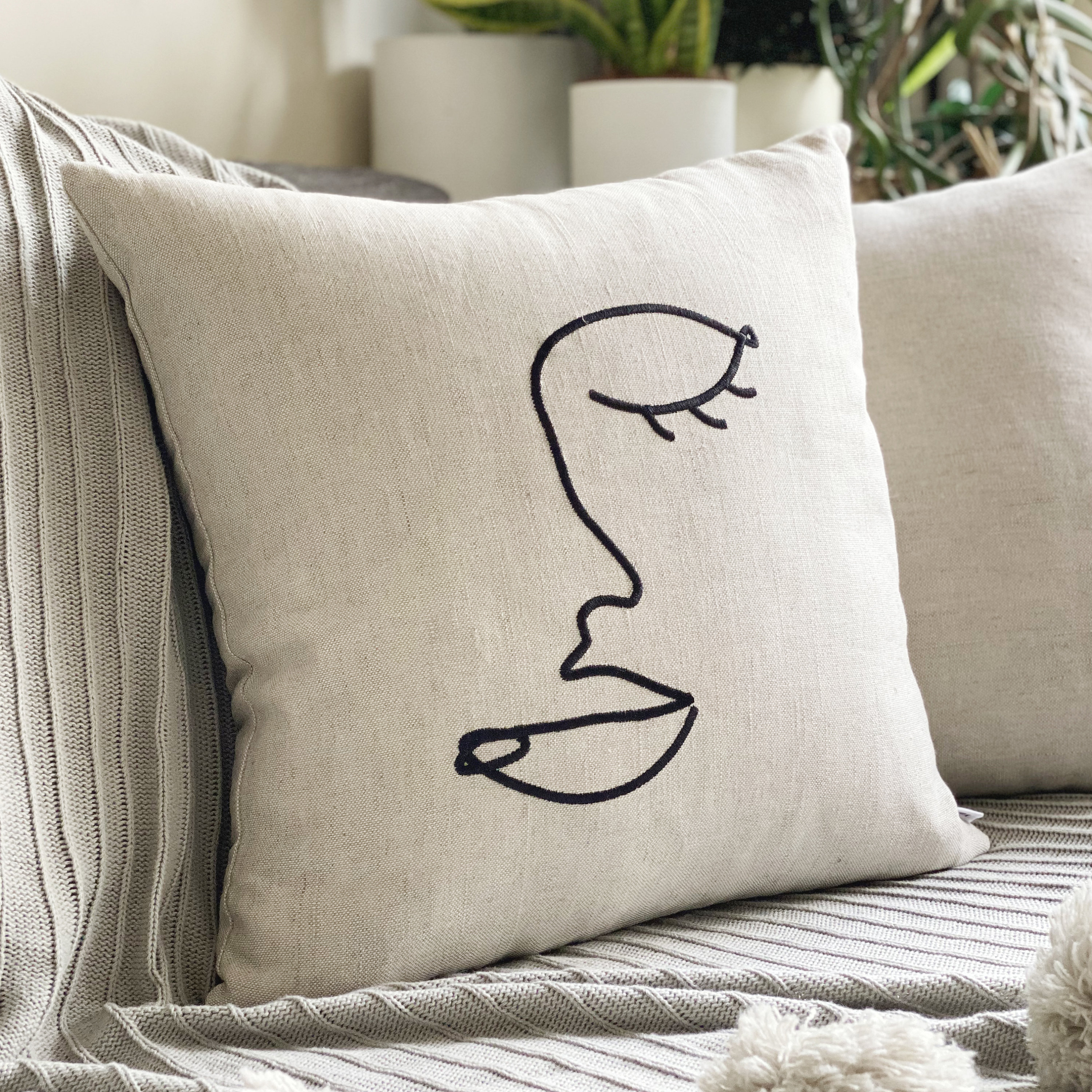 Abstract Linen Cushion Cover Embroidered Line Art Cushion 