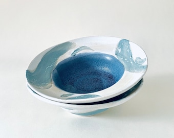 Waves in Moon Series | Fancy Eating Bowl | Handmade ceramic | White and Blue mellow bowl