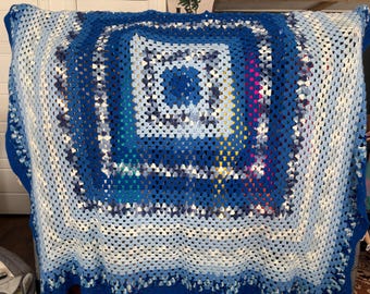 Funky Blue Vintage Crochet Afghan Blanket