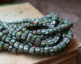 Green striped Indonesian glass beads 24in 5mm Rustic recycled glass beads