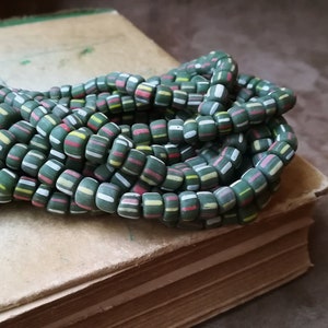 Green striped Indonesian glass beads 24in 5mm Rustic recycled glass beads