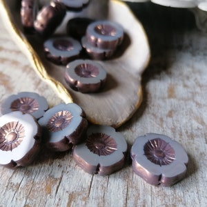 Grey glass flower beads 5pcs Czech flower beads