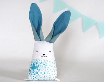 White teal stuffed bunny rabbit toy, soft fabric baby toys, gift for new mom nursery decorations