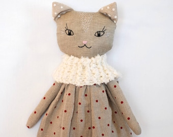 Cat toy rag cloth doll, stuffed animal linen decoration, heirloom gift kitty doll in homemade