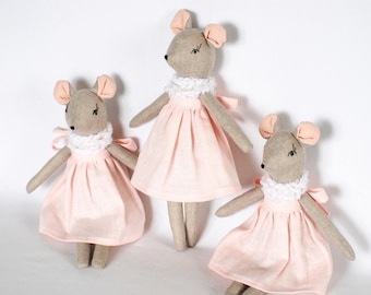 Mouse pure linen rag doll, fabric mouse decoration soft dolls, stuffed cloth mice doll