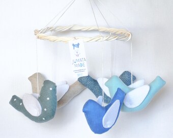 Baby blue crib birds mobile for boy nursery, gift for new mom baby shower, newborn present