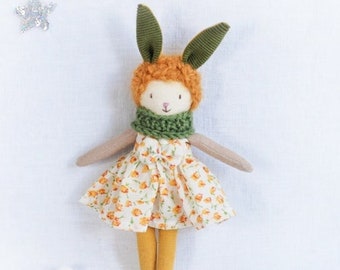 Tiny stuffed cloth fabric bunny rabbit rag doll, handmade dollhouse miniatures heirloom gift