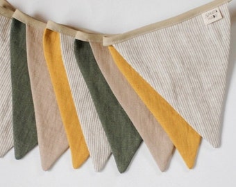 Sage green beige mustard fabric bunting banner, linen pennant garland string banner flags