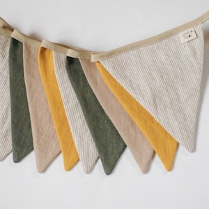 Salbei grün beige Wimpelkette Senf Stoff Wimpelkette, Wimpelkette aus Leinen Wimpelkette