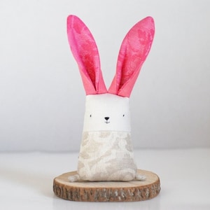 Fabric bunny stuffed animal decoration, linen rabbit with bright pink ears, nursery decoration gift for new mom