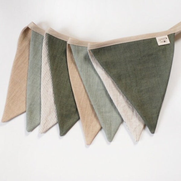 Sage beige fabric banner, Linen bunting wall decor, Fabric Bunting Banner, Neutral String Banner Nursery wall hanging bunting