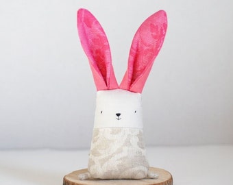 Fabric bunny stuffed animal decoration, linen rabbit with bright pink ears, nursery decoration gift for new mom