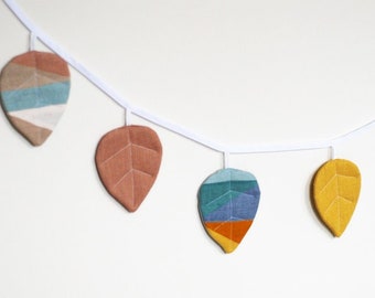 Linen leaves banner, fabric bunting garland string banner, leaves garland nursery decor, wall hangings tent decorations blue mustard beige