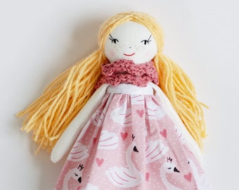 Small rag doll with swan dress, cloth heirloom dolls, summer princess personalized linen doll