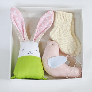 Pregnancy gift set for new mum gift box, newborn baby wool socks bunny rabbit nursery decor image 1