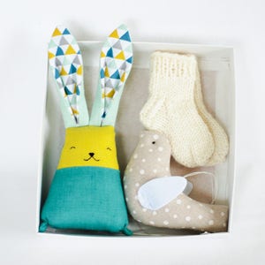 Bunny baby socks bird set, baby boys gift set, baby wool socks, stuffed rabbit toy image 1