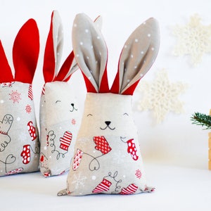 Christmas fabric bunny rabbit toy, soft stuffed red white animal toys, mantle decor gift under tree image 1