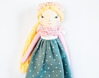 Handmade cloth rag doll, pink teal fabric blonde doll, personalized doll, heirloom gift for girl, nursery decor, doll Mia