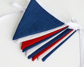 Fabric flags garland, bunting banner, blue red stiped flag banner, nursery garland decor