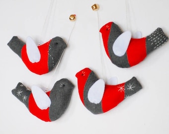 Christmas hanging ornaments, set of 4 Christmas toys, Red grey linen birds fabric hanging decor, housewarming  gift