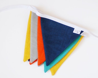 Linen Fabric Bunting Banner Pennants Garland for Party Play Room Birthday Wedding Navy Orange Mustard Tent Outdoor Banner