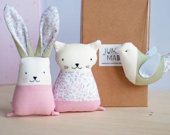 Fabric baby toys set rabbit cat bird stuffed pink blush green toys