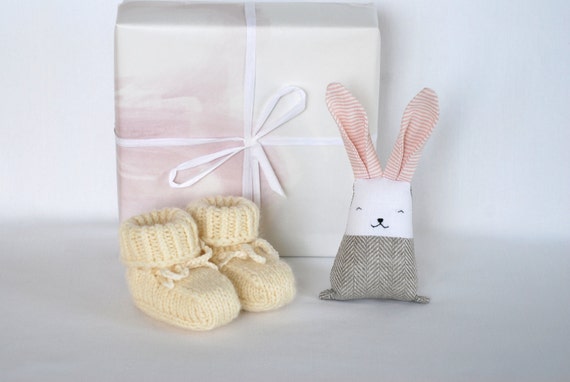 Baby girl gift set bunny rabbit toy with hand knit wool booties, pregnancy announcement