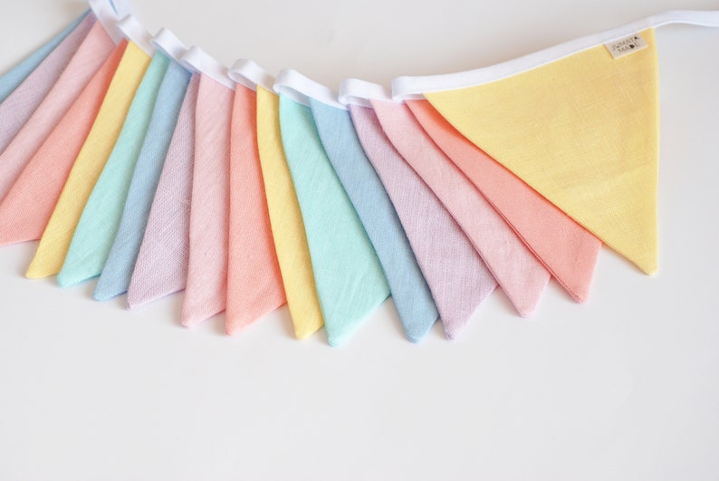 Guirlande de fanions colorés arc-en-ciel, drapeaux de bannière rose pastel jaune, menthe bleue image 1